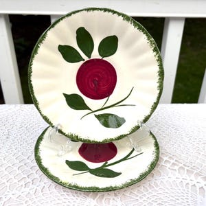 Può includere: Due piatti in ceramica bianco sporco con bordo smerlato e rifinitura verde. Ogni piatto presenta un disegno circolare rosso con foglie e steli verdi. I piatti sono esposti su supporti trasparenti.