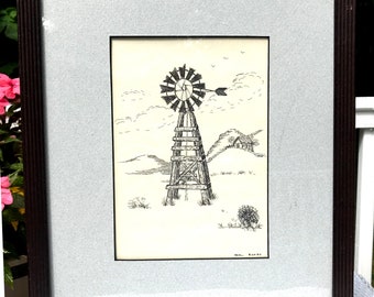 Vintage Wind Mill Print Picture Black And White