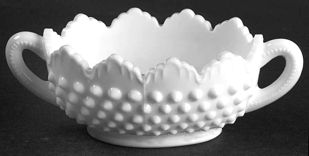Fenton Milk Glass Hobnail Oval Handled Nut Bowl Dish 3633 MI Etsy