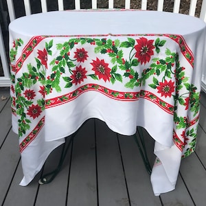 Vintage Christmas Tablecloth Red Green Poinsettias Holly  74&quot; x 58&quot;