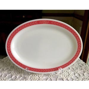 Pyrex Corning Decor Red Autumn Bands Laurel Leaves Leaf 12 3/8&quot; Oval Platters AS IS
