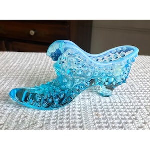 Fenton Blue Opalescent Hobnail Glass Shoe Slipper With Cat