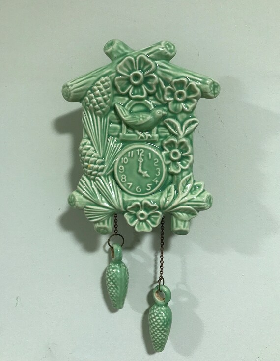 Vintage Pottery Green Cuckoo Clock Wall Pocket Flower Pot Etsy