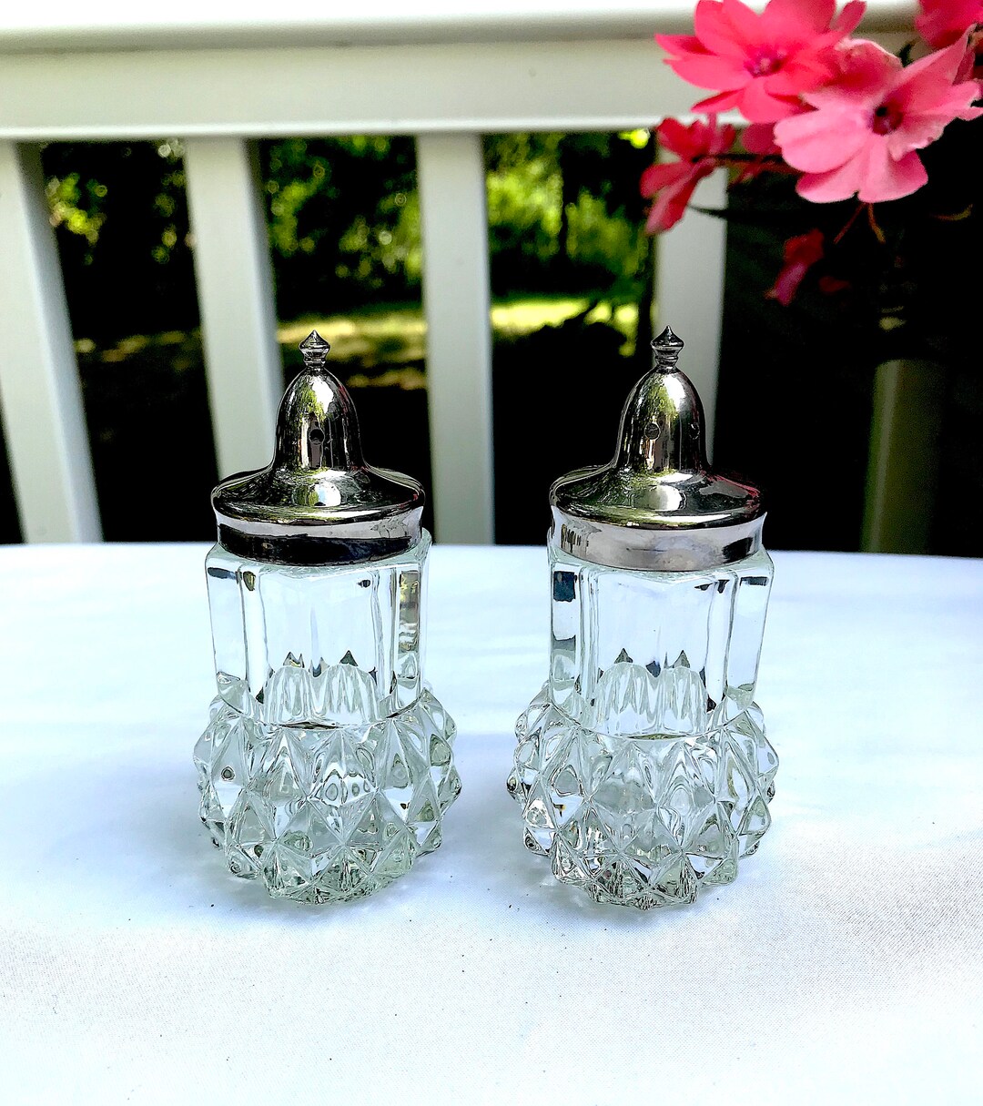 PAIR Diamond Point Clear Crystal Salt & Pepper Shakers Indiana Glass Etsy