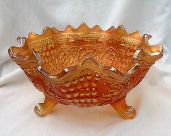 Fenton Art Glass Marigold Carnival Iridescent Grape And Cable Bowl Footed Ruffled Crimped