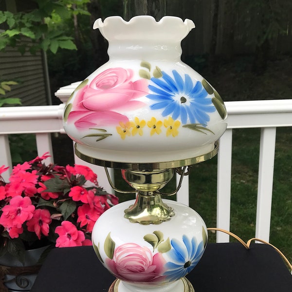 Milk Glass Hurricane Gone With The Wind Lamp Hand Painted Flowers Red Blue Bedroom Table Vintage