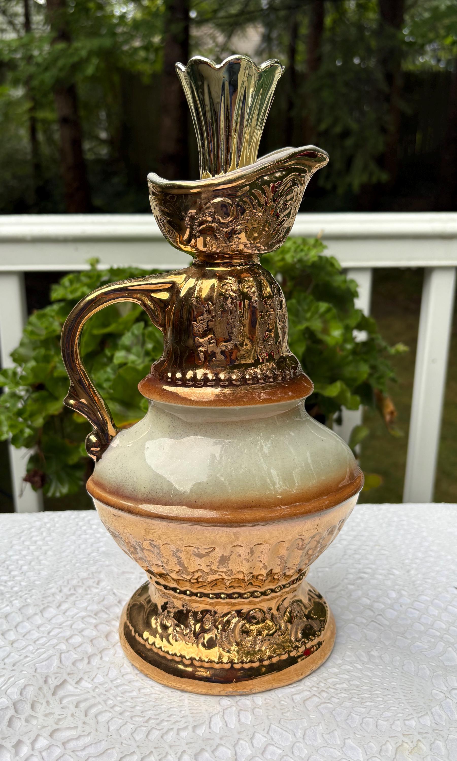 Jim Beam Whiskey Decanter Pitcher Bottle Gold Trim Flowers 1976