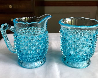 Blue Hobnail Creamer And Sugar Made By Fenton For L G Wright