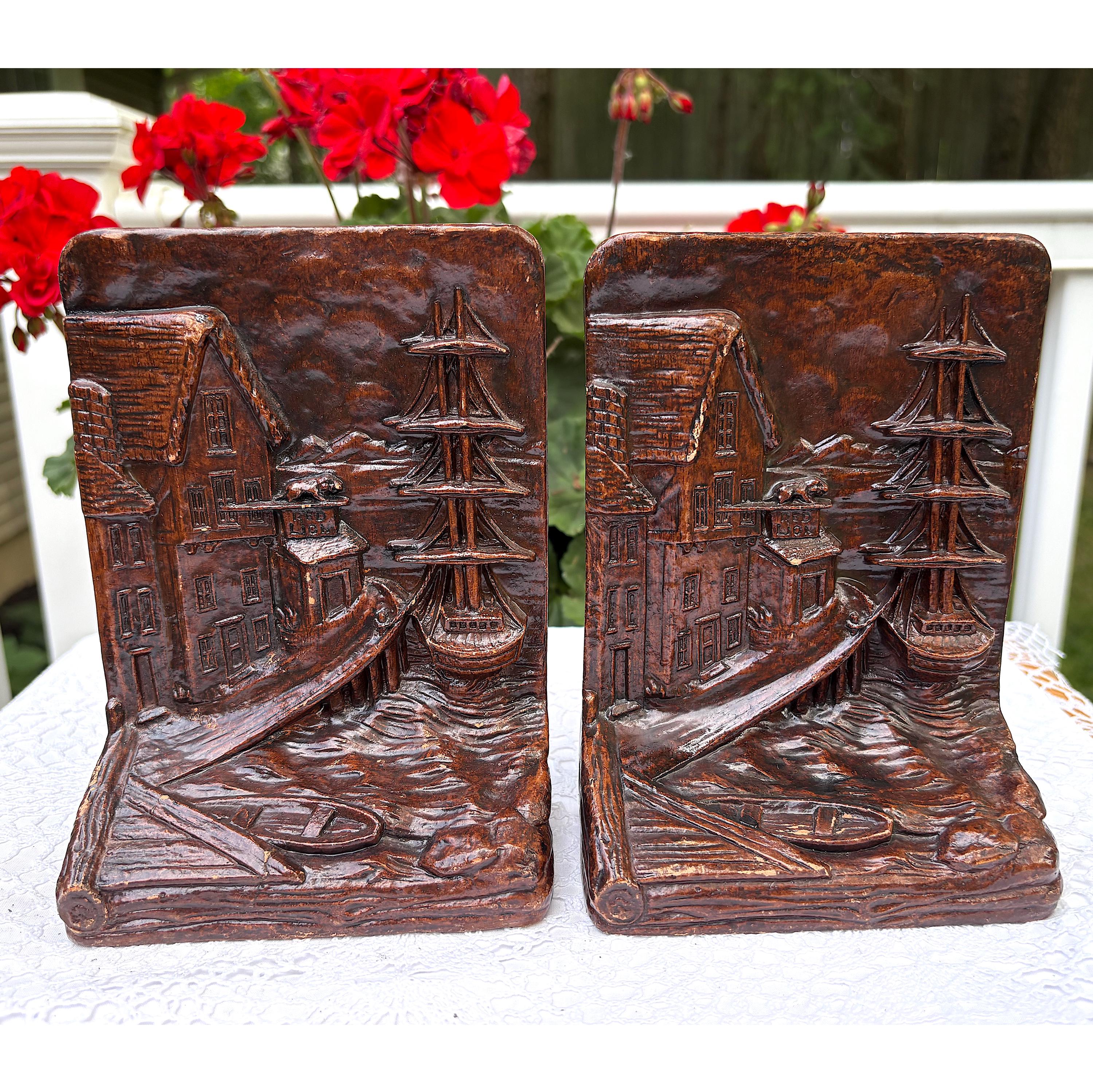 Syroco Wood Composite Bookends Sailing Ship Harbor Boat Water Sea