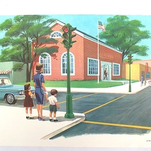 Cartel de enseñanza vintage de 1965 Caminando hacia la oficina de correos Publicado por David C. Cook Publishing Company