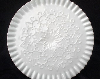 Fenton Art Glass Milk Glass Spanish Lace Ruffled Crimped Pie Crust Edge Cake Stand Mid Century