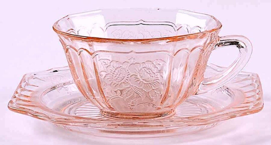 Mayfair Open Rose Pink Depression Glass Cup and Saucer With Ring Set