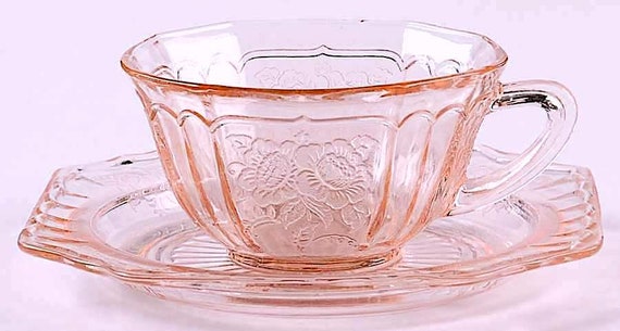Mayfair Open Rose Pink Depression Glass Cup and Saucer With Ring Set  Hocking Glass 1930s 