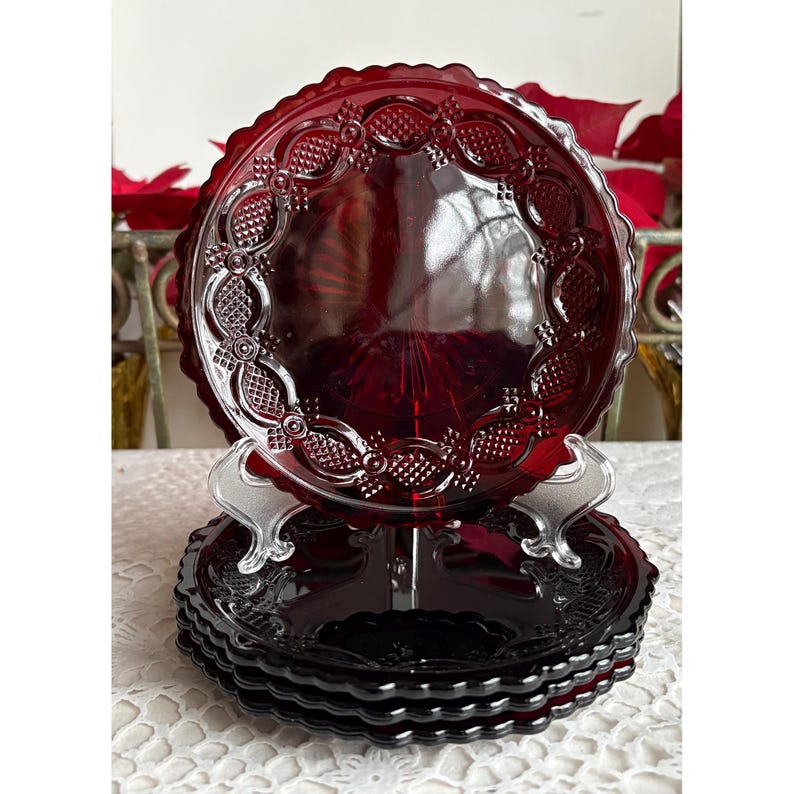 FOUR Avon Cape Cod Ruby Red 5 5/8 Inch Bread Plates New Condition 1876