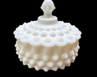 フェントン蓋付きミルクガラス ヴィンテージ フェントン ミルクガラス ホブネイル クリンプエッジ