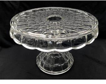 Constellation Round Clear Crystal Cake Stand With Rum Well Indiana Glass 1980s 2 Available