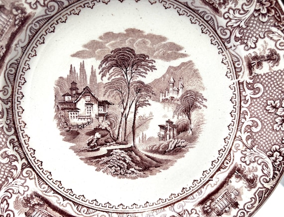LUCERNE - Antique Aesthetic Movement Brown Transferware 8 7/8 Inch