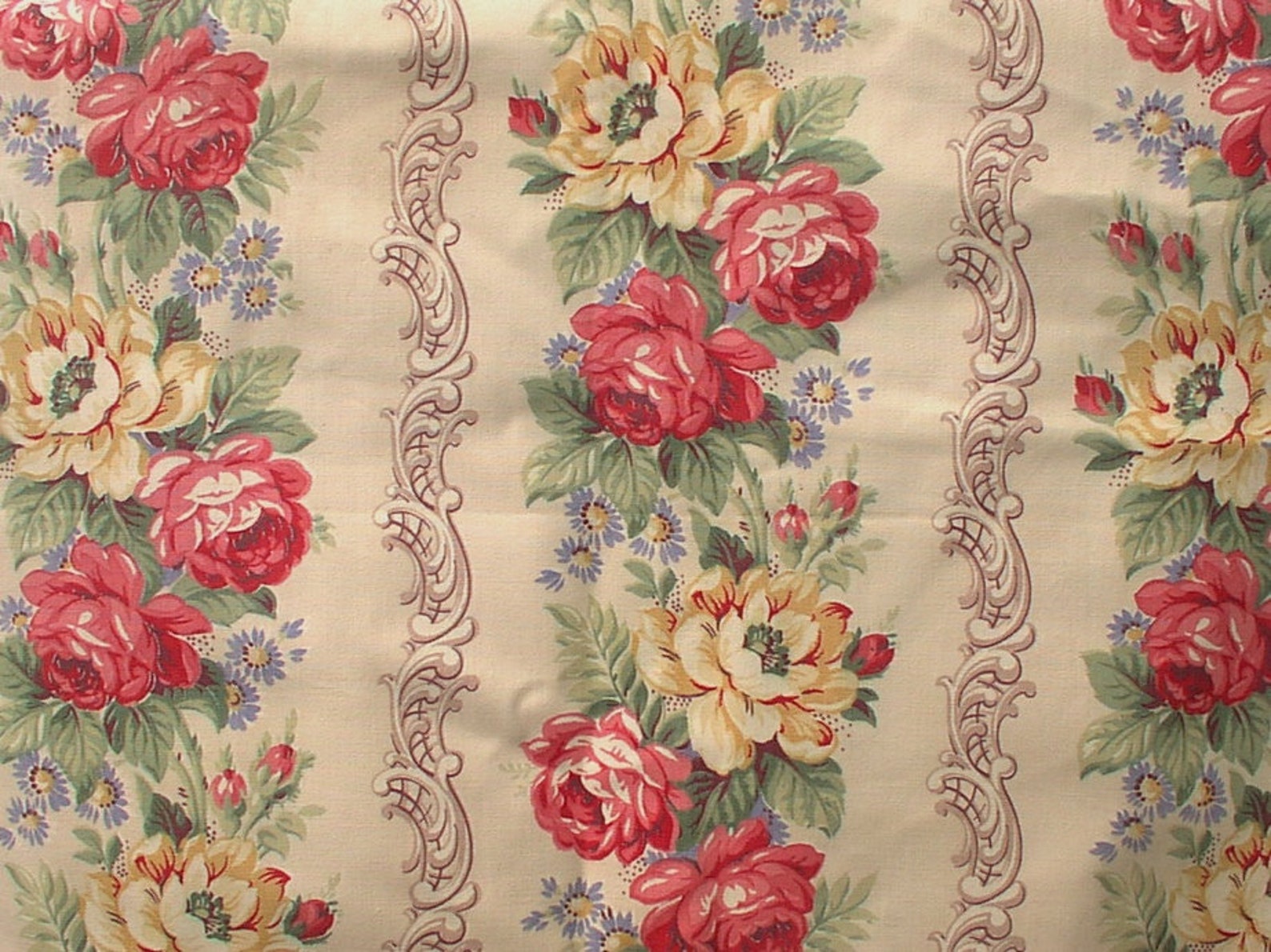 Vintage Upholstery Fabric Material Off White Red Pink Roses Etsy