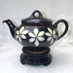 Royal Canadian Art Pottery Teapot and Hot Plate Stand Black White Flowers Hamilton Ontario Canada