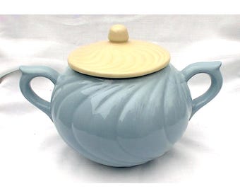 Vintage American Bisque Pottery Company Blue Swirl Biscuit Cookie Candy Jar dépression