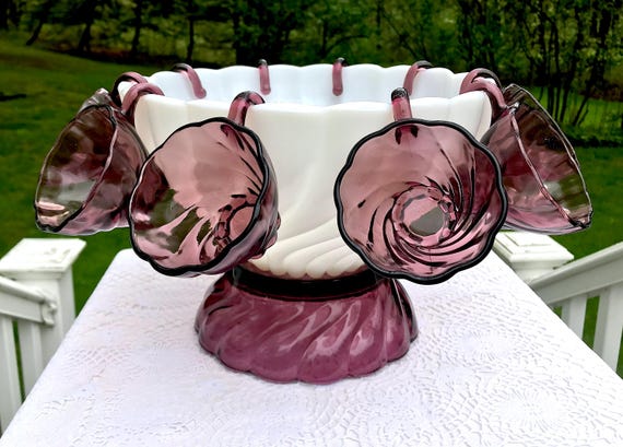 Hazel Atlas Moroccan Amethyst Punch Bowl Stand and 12 Cups 1950s