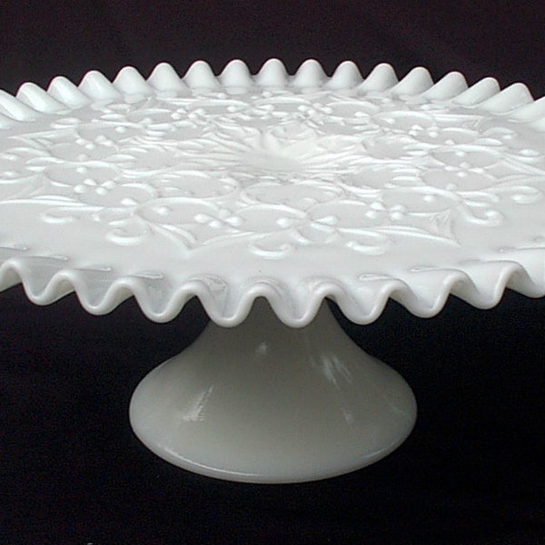 Fenton Art Glass Milk Glass Spanish Lace Ruffled Crimped Pie Crust Edge Cake Stand Mid Century