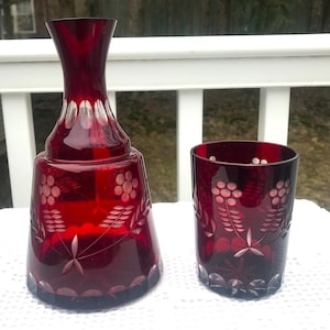 Ruby Red Antique Cut To Clear Tumble Up Glass Flask And Tumbler Bohemian Romania