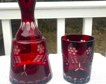 Ruby Red Antique Cut To Clear Tumble Up Glass Flask And Tumbler Bohemian Romania