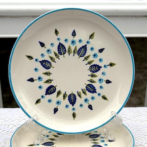May include: White ceramic plate with a blue rim and a decorative leaf and flower pattern in blue and green. The plate is displayed on a clear stand, showcasing its design.