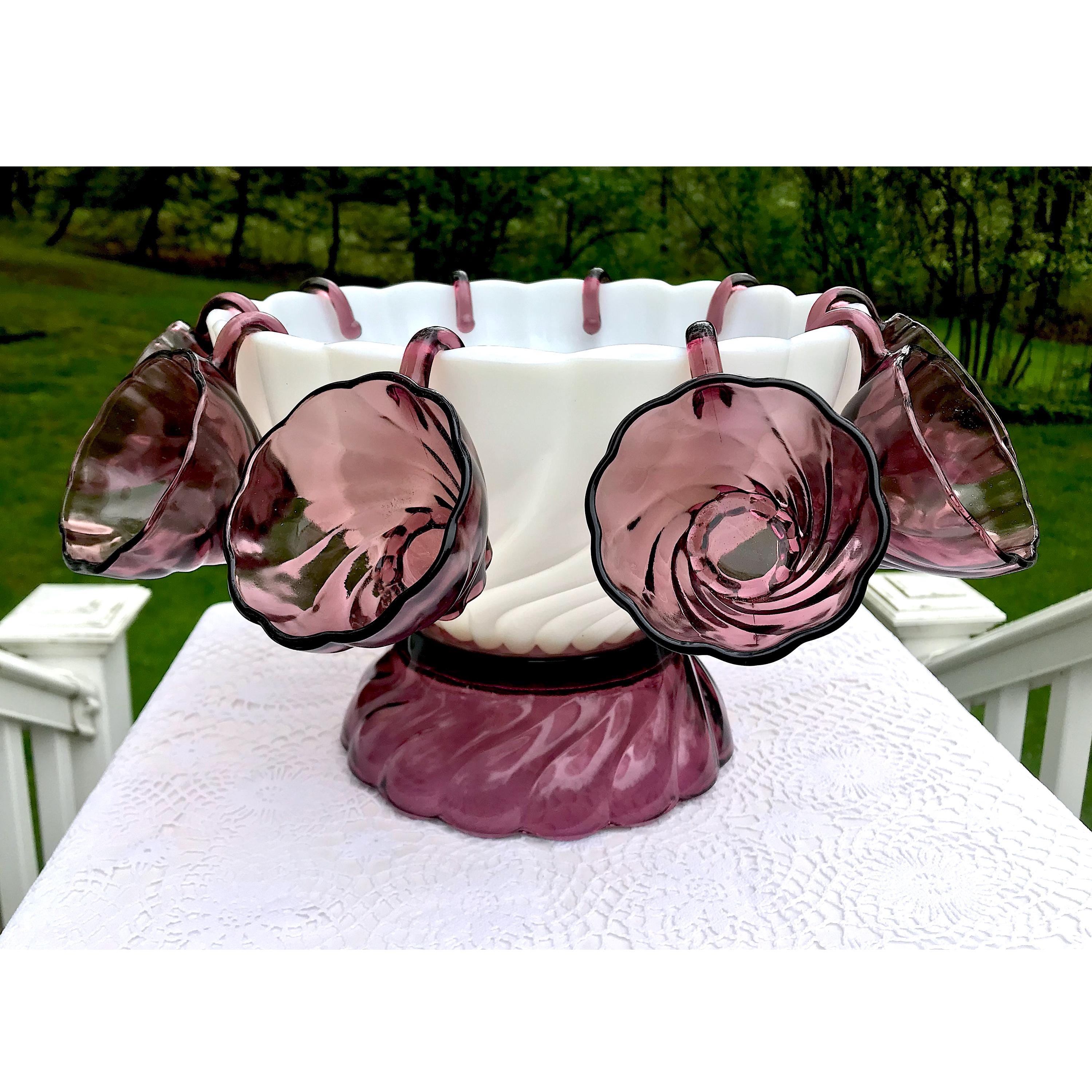 Hazel Atlas Moroccan Amethyst Punch Bowl Stand and 12 Cups 1950s