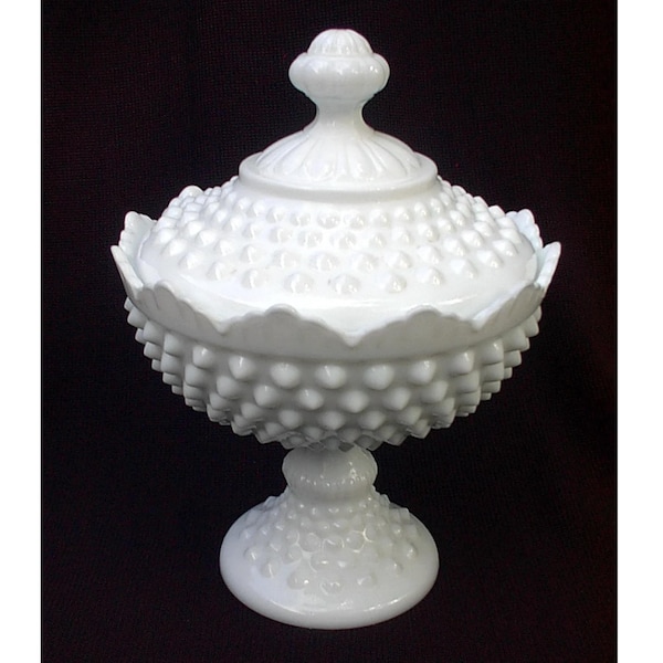 Vintage Fenton Milk Glass Hobnail Mid Century 3784 Footed Candy Box Dish And Lid