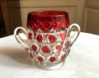 Ruby Red Flashed Double Block Hexagon Sugar Bowl US Glass 1890s