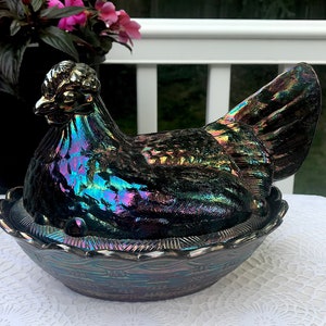 Fenton Art Glass Large Carnival Iridescent Amethyst Purple Hen on