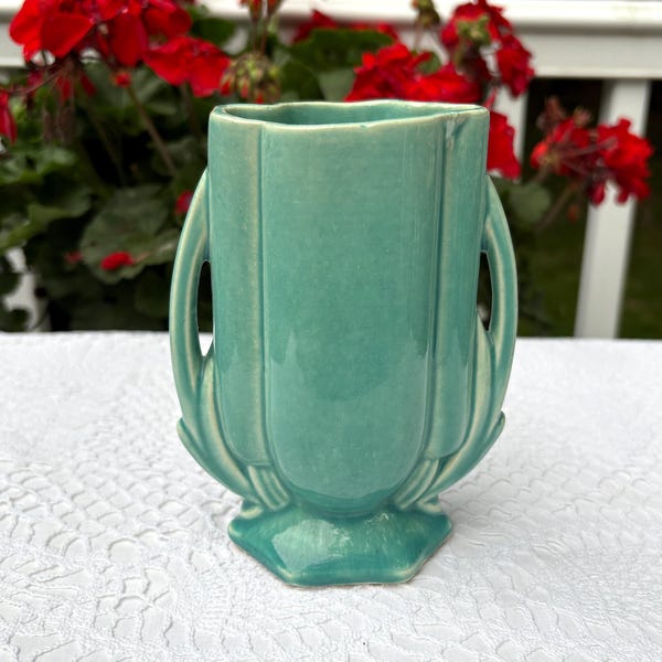 Vase turquoise 5 1/2" McCoy 105 1941 avec double poignée
