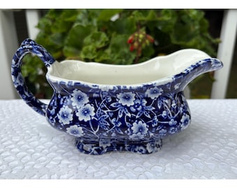 Calico Blue Gravy Boat Pitcher Burleigh Backstamp Staffordshire