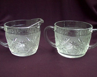 Anchor Hocking Crystal Sandwich Creamer & Sugar Bowl Vintage Mid Century