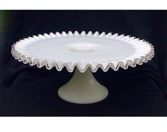 Fenton Silver Crest  Milk Glass Cake Stand Plate 1960s Crimped Ruffled