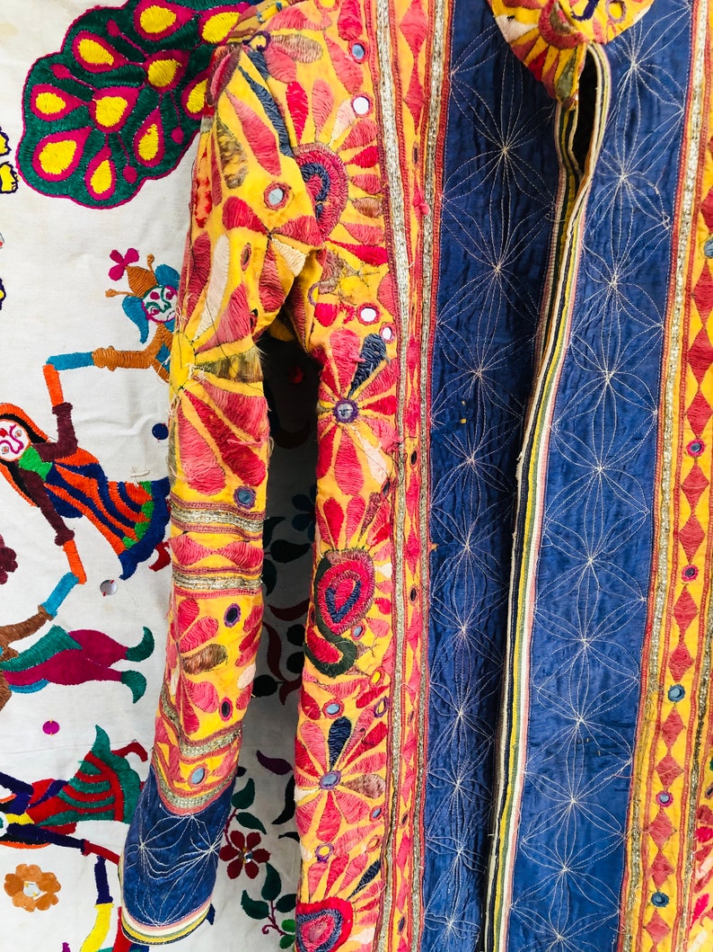 Banjara long jacket embroidered coat embellished coat Yellow color rainbow jacket handmade mirror unisex boho hippie
