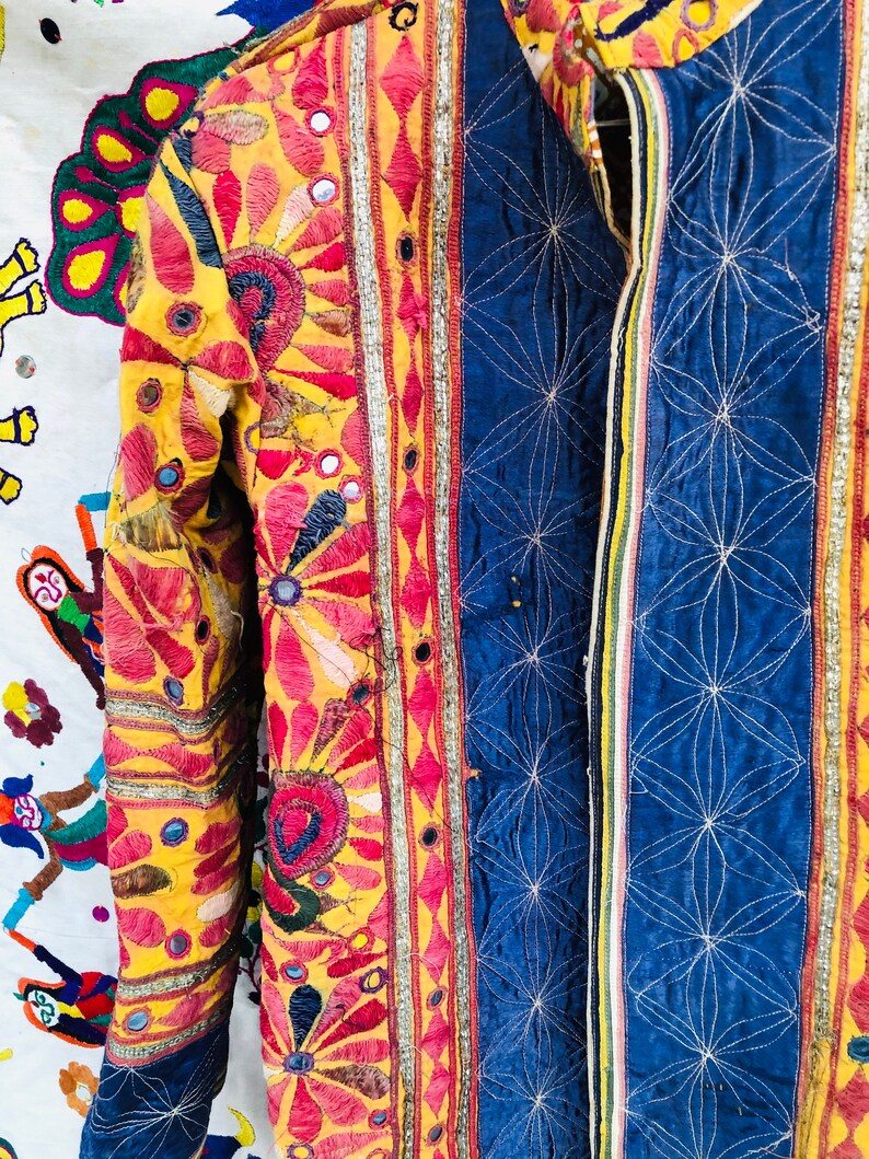Banjara long jacket embroidered coat embellished coat Yellow color rainbow jacket handmade mirror unisex boho hippie