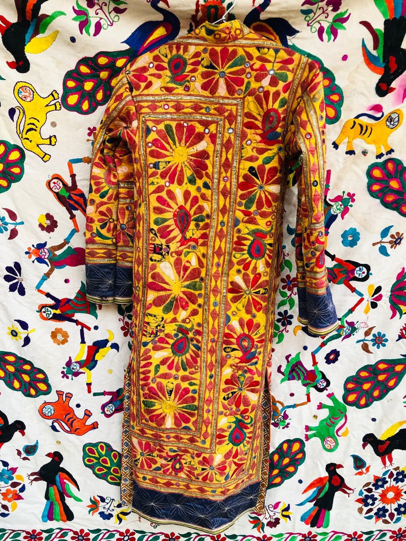 Banjara long jacket embroidered coat embellished coat Yellow color rainbow jacket handmade mirror unisex boho hippie