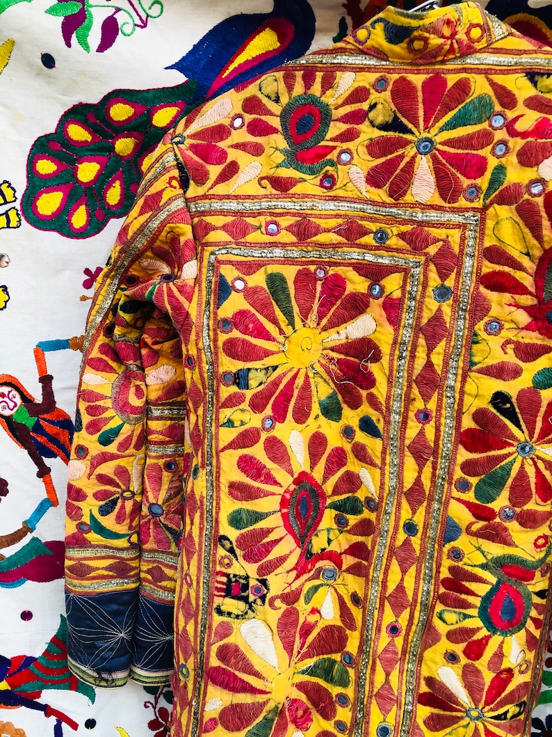Banjara long jacket embroidered coat embellished coat Yellow color rainbow jacket handmade mirror unisex boho hippie