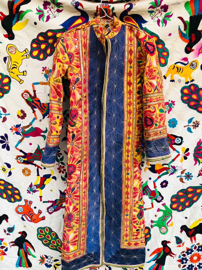 Banjara long jacket embroidered coat embellished coat Yellow color rainbow jacket handmade mirror unisex boho hippie