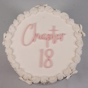 Peut inclure: Un gâteau rond avec un glaçage blanc et une bordure décorative de tourbillons de glaçage blancs. Le gâteau est surmonté du texte rose "Chapter 18".