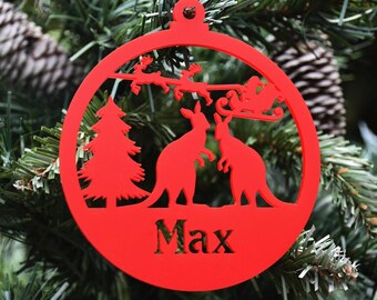 Personalized Christmas Bauble – Santa & Kangaroo – Timber or Acrylic – Ships Worldwide