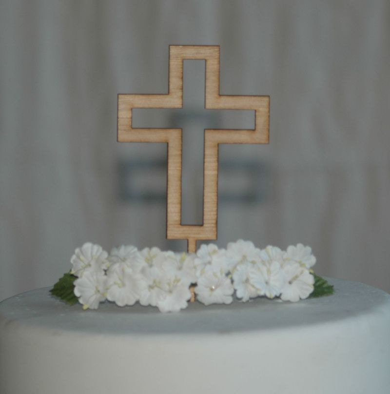 Topper Per Tela Battesimo/Comunione: Decorazione In Acrilico Oro Con Croce (12 Cm) - Fatto In Germania - 2