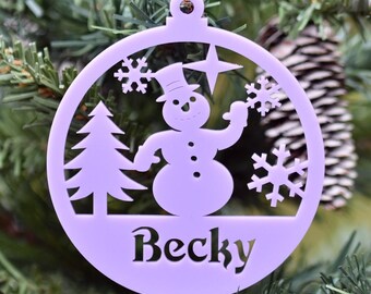 Personalized Snowman Christmas Bauble – Timber or Acrylic – Ships Worldwide