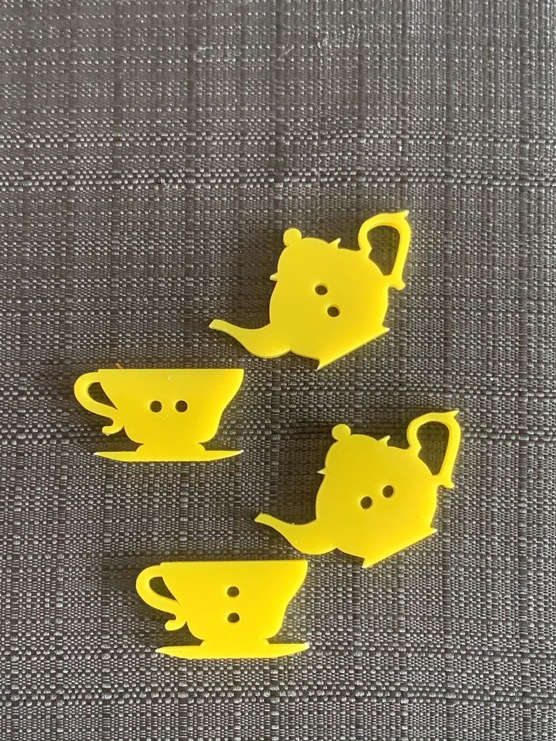 Teapot and Teacup Buttons - Decorative Craft Buttons - Laser Cut Acrylic Perspex - 3mm Thick - Handmade - Various Colours Available image 2