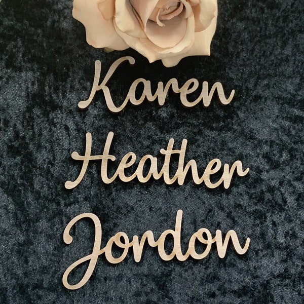 Place names, wedding name place cards, Laser Cut place names. Wedding Favour. Timber, MDF or Acrylic various colour inc Glitter & Mirror.