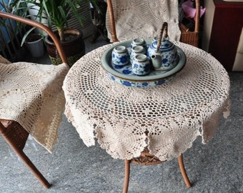 Vintage style hand crocheted 35" round tablecloth, handmade round table cover, floral round lace table topper table linen for home decor