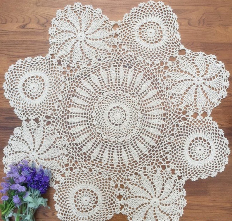Hand Crocheted 35 Round Tablecloth Handmade Floral Etsy